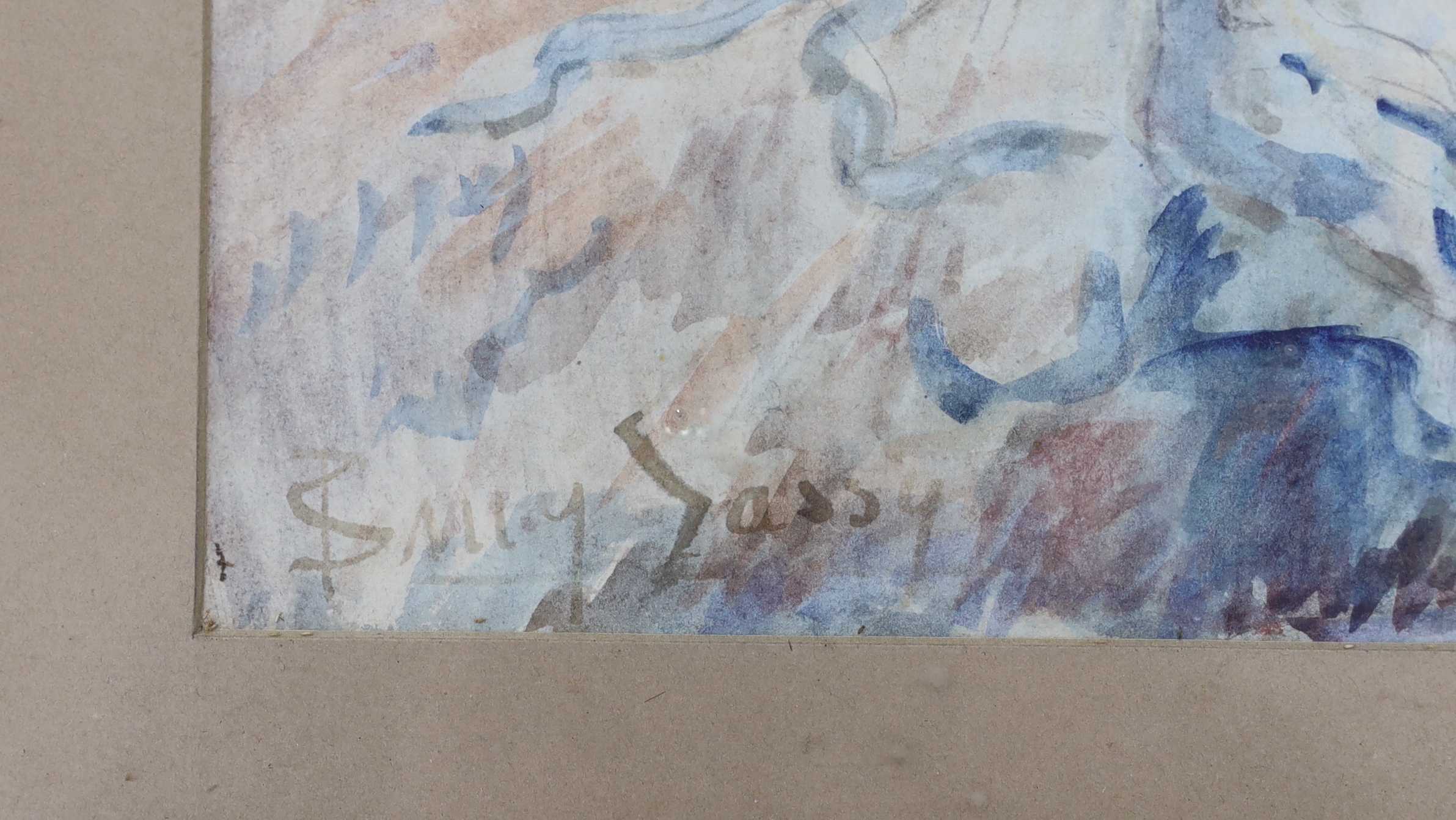 Stany Sassy (French, 20th. C) watercolour, 'Les Pins', signed, details verso, 43 x 40cm